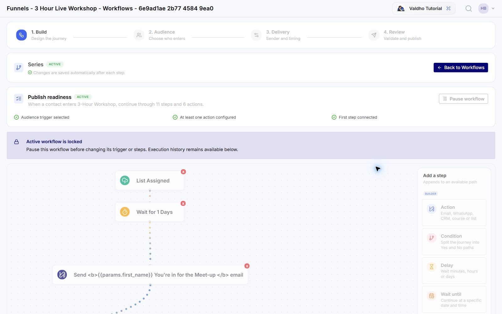 Valdho visual workflow for email automation and WhatsApp follow-up